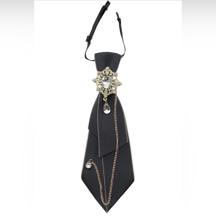 Elegant Handmade Black Tie With Gold Chain And Brooch